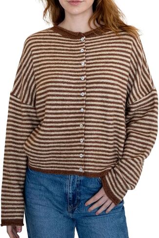 Womens Striped Cardigan Sweater Open Front Button Down Cropped Cardi Casual Funnel Neck Cable Knit Sweaters in Kuwait