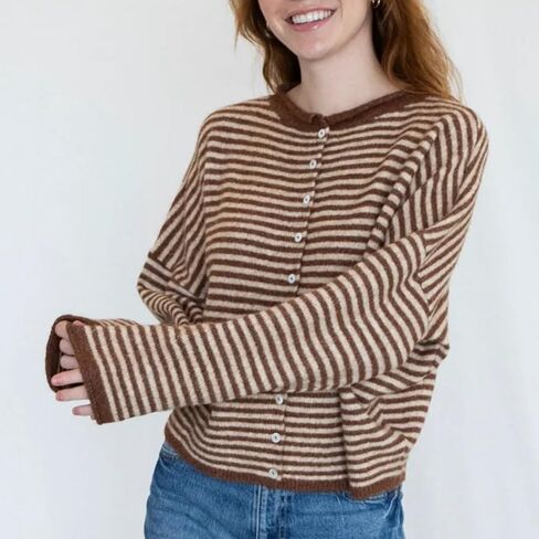 Womens Striped Cardigan Sweater Open Front Button Down Cropped Cardi Casual Funnel Neck Cable Knit Sweaters in Kuwait