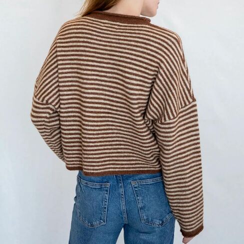 Womens Striped Cardigan Sweater Open Front Button Down Cropped Cardi Casual Funnel Neck Cable Knit Sweaters in Kuwait