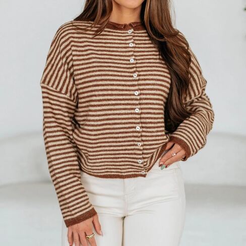 Womens Striped Cardigan Sweater Open Front Button Down Cropped Cardi Casual Funnel Neck Cable Knit Sweaters in Kuwait