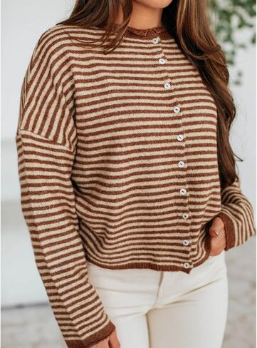 Womens Striped Cardigan Sweater Open Front Button Down Cropped Cardi Casual Funnel Neck Cable Knit Sweaters in Kuwait