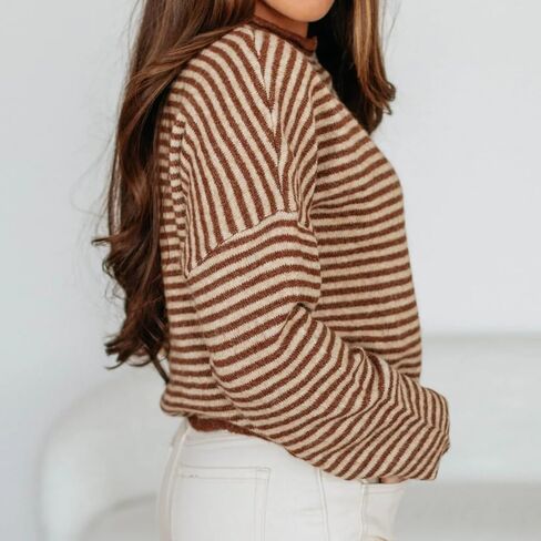 Womens Striped Cardigan Sweater Open Front Button Down Cropped Cardi Casual Funnel Neck Cable Knit Sweaters in Kuwait