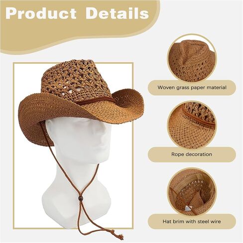 Women Men Straw Cowboy Hats Western Cowgirl Hat Foldable Wide Brim Cowboy Hat Travel Vacation Beach Sun Hats in Saudi Arabia