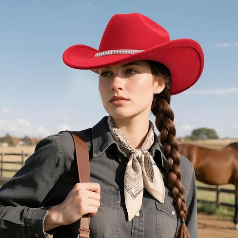 DRESHOW Western Cowboy Hat for Women and Men Wide Brim Glitter Cowboy Cowgirl Hat with Rhinestone Felt Fedora Hats in Saudi Arabia