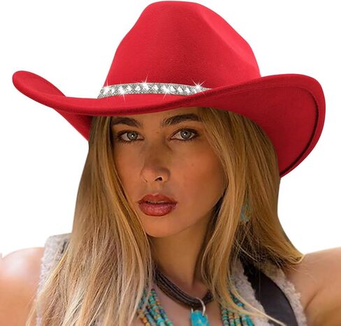 DRESHOW Western Cowboy Hat for Women and Men Wide Brim Glitter Cowboy Cowgirl Hat with Rhinestone Felt Fedora Hats in Saudi Arabia