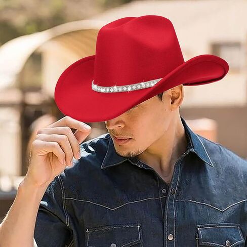 DRESHOW Western Cowboy Hat for Women and Men Wide Brim Glitter Cowboy Cowgirl Hat with Rhinestone Felt Fedora Hats in Saudi Arabia