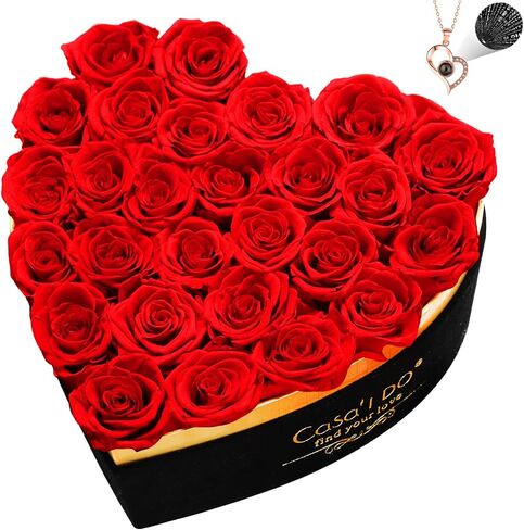 Preserved Roses Flowers for Delivery 27 Pcs, Forever Flores in Heart Box with Necklace, Eternal Rose Anniversary Birthday Gift for Women Wife Girlfriend, Rosas for Valentines Christmas, Red in Kuwait