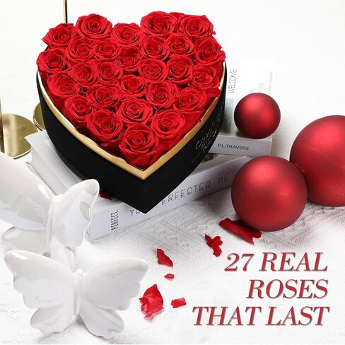 Preserved Roses Flowers for Delivery 27 Pcs, Forever Flores in Heart Box with Necklace, Eternal Rose Anniversary Birthday Gift for Women Wife Girlfriend, Rosas for Valentines Christmas, Red in Kuwait