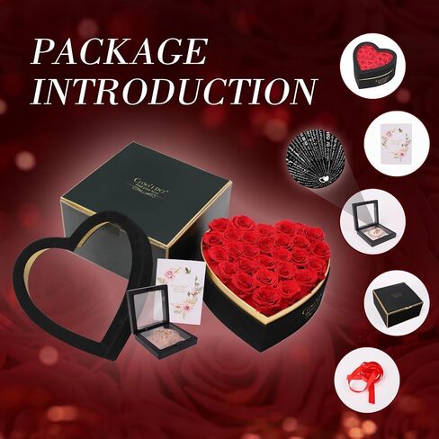 Preserved Roses Flowers for Delivery 27 Pcs, Forever Flores in Heart Box with Necklace, Eternal Rose Anniversary Birthday Gift for Women Wife Girlfriend, Rosas for Valentines Christmas, Red in Kuwait