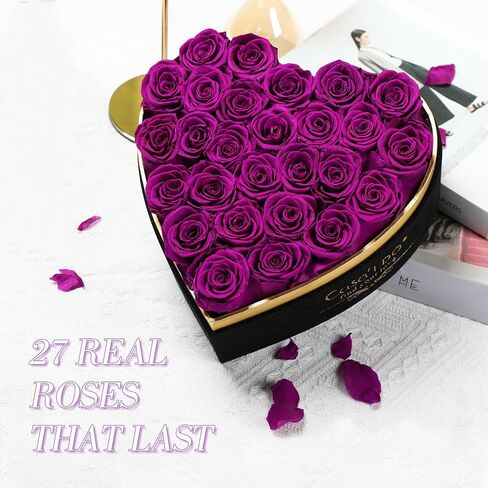 Preserved Roses Flowers for Delivery 27 Pcs, Forever Flores in Heart Box with Necklace, Eternal Rose Anniversary Birthday Gift for Women Wife Girlfriend, Rosas for Valentines Christmas, Red in Kuwait