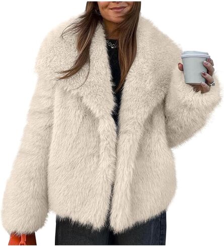 Kissonic Women Faux Fur Coat Long Sleeve Lapel Open Front Shaggy Furry Jacket Warm Fluffy Short Outwear in Saudi Arabia