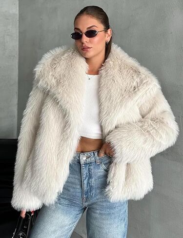 Kissonic Women Faux Fur Coat Long Sleeve Lapel Open Front Shaggy Furry Jacket Warm Fluffy Short Outwear in Saudi Arabia