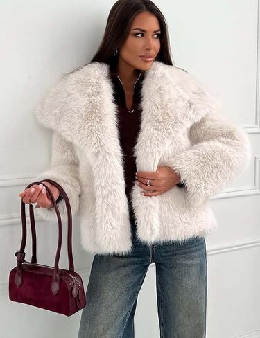Kissonic Women Faux Fur Coat Long Sleeve Lapel Open Front Shaggy Furry Jacket Warm Fluffy Short Outwear in Saudi Arabia