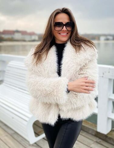 Kissonic Women Faux Fur Coat Long Sleeve Lapel Open Front Shaggy Furry Jacket Warm Fluffy Short Outwear in Saudi Arabia
