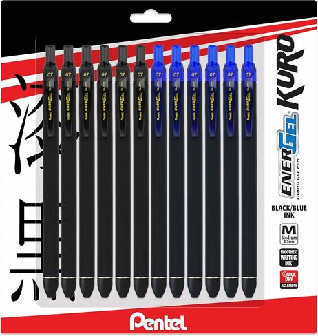 قلم جل Pentel Energel 0.7 Kuro - خط متوسط ​​- 12 عبوة مكونة من 6 أقلام أسود و6 أقلام أزرق in Kuwait
