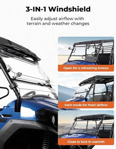Kemimoto 3-in-1 UTV Flip Windshield متوافق مع Kawasaki Mule Pro Fxt FX DXT DX 2015-2025 ، مقاوم للخدش 1/4 بوصة مع مقابض مزدوجة ، نافذة أمامية صافية صلبة in Kuwait