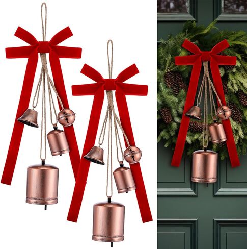 2 Set Harmony Cow Bells Vintage Rustic Cow Bells Christmas Hanging Bells with 1 Roll Vintage Khaki Velvet Ribbon for Xmas Door Wreath Tree Garland Ornaments in Saudi Arabia