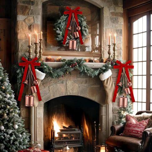 2 Set Harmony Cow Bells Vintage Rustic Cow Bells Christmas Hanging Bells with 1 Roll Vintage Khaki Velvet Ribbon for Xmas Door Wreath Tree Garland Ornaments in Saudi Arabia