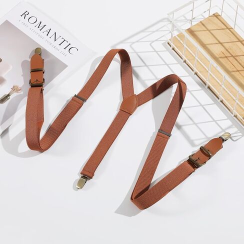 Brown Suspenders for Men Lengthen Braces Bronze Metal Clip, 49" Elastic Adjustable Y-Sharp Straps Tall Men's Suspenders Wedding Party in Saudi Arabia