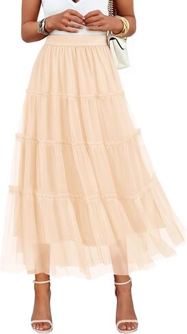 ZESICA Women's Tulle Maxi Skirt A-Line Flowy Ruffle Tiered Elastic High Waist 2025 Fall Fahion Midi Long Skirts in Saudi Arabia