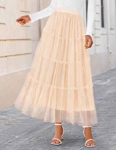 ZESICA Women's Tulle Maxi Skirt A-Line Flowy Ruffle Tiered Elastic High Waist 2025 Fall Fahion Midi Long Skirts in Saudi Arabia