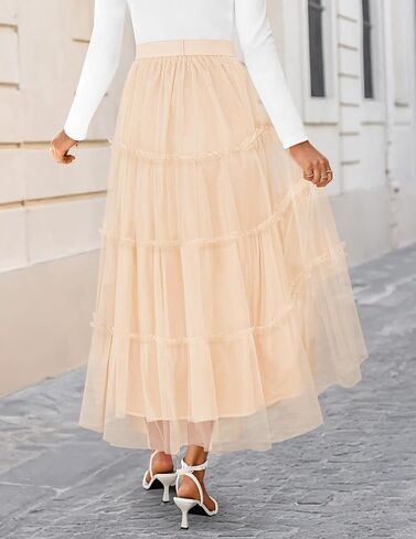 ZESICA Women's Tulle Maxi Skirt A-Line Flowy Ruffle Tiered Elastic High Waist 2025 Fall Fahion Midi Long Skirts in Saudi Arabia