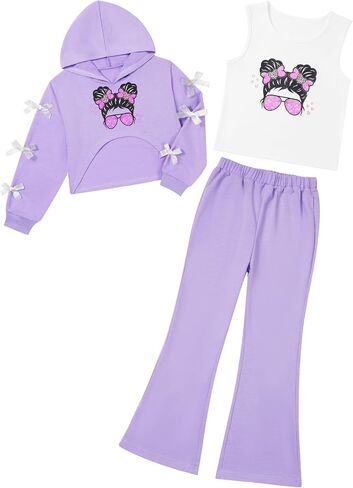 Girls 3 Piece Outfits Long Sleeve Crop Tops Hoodies and Flare Pants Matching Tank Top Kids Fall Winter Clothes Set in Kuwait