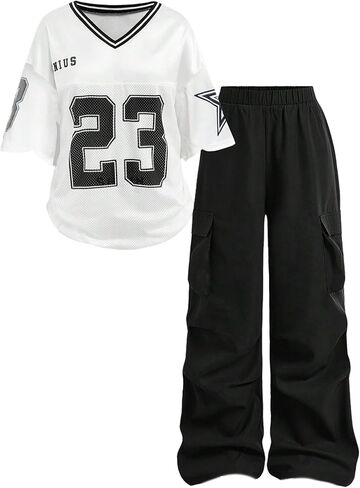 Floerns Girl's Spoy Outfit Y2K Number V Deck Jersey قمصان مع مجموعة سروال شحن in Saudi Arabia