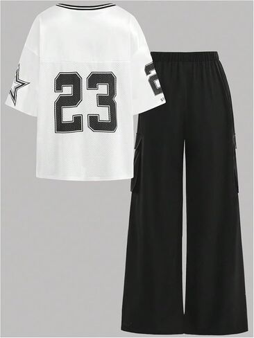 Floerns Girl's Spoy Outfit Y2K Number V Deck Jersey قمصان مع مجموعة سروال شحن in Saudi Arabia