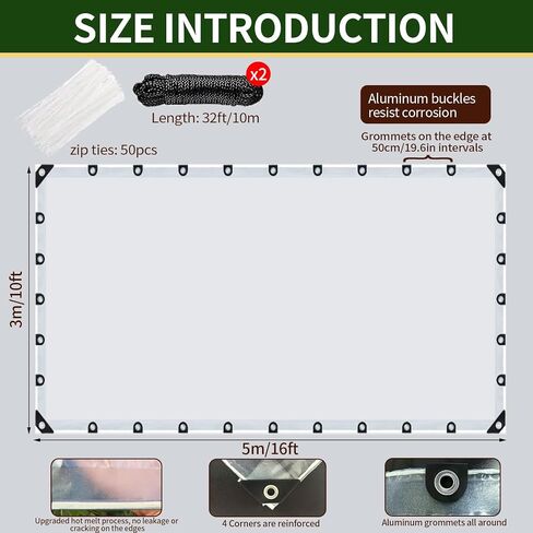 8x20ft Clear Tarp with Grommets, Upgraded Edge Heat Fused Tear Resistant Clear Heavy Duty Tarps, Clear Vinyl Tarps for Patio Fencing, Rain, Wind, Cold, Chicken Coops,and More（Windproof Rope+Zip Tie） in Saudi Arabia