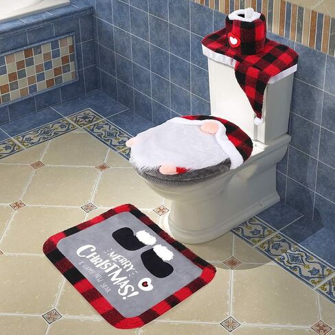 Christmas Gnomes Toilet Seat Cover and Rug Set of 4 Christmas Bathroom Decorations Christmas 3D Santa Gnome Toilet Seat Lid Cover Set in Saudi Arabia