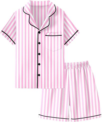 Mikrdoo Girls Pajamas Set Soft Silk Satin Pajamas 2 Piece Short Sleeve Sleepwear Gifts for Kids Size 3-14 Years in Kuwait