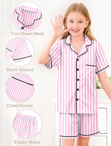 Mikrdoo Girls Pajamas Set Soft Silk Satin Pajamas 2 Piece Short Sleeve Sleepwear Gifts for Kids Size 3-14 Years in Kuwait
