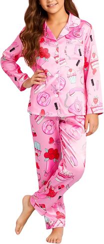 مجموعة Patpat Girls Satin Pajama - ملابس نوم طويلة حريرية للأطفال مع كيس ، تتراوح أعمارهم بين 5 و 14 عامًا in Saudi Arabia