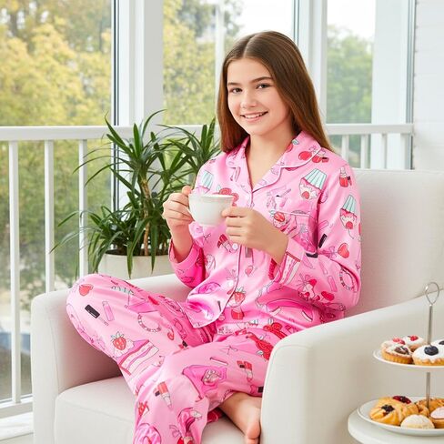 مجموعة Patpat Girls Satin Pajama - ملابس نوم طويلة حريرية للأطفال مع كيس ، تتراوح أعمارهم بين 5 و 14 عامًا in Saudi Arabia