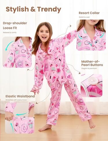 مجموعة Patpat Girls Satin Pajama - ملابس نوم طويلة حريرية للأطفال مع كيس ، تتراوح أعمارهم بين 5 و 14 عامًا in Saudi Arabia