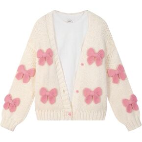 FindThy Women’s Kawaii Strawberry Embroidered Cardigan Long Sleeve V Neck Chunky Knitted Cardigans Tops in Kuwait