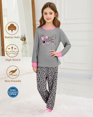 Mikrdoo Girls Pajamas Kids 2 Piece Pjs Set Soft Cozy Long Sleeve Top and Pants Stretchy Girls' Sleepwear Size 4-14 Years in Kuwait