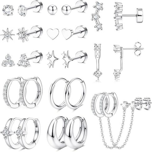 Florideco Flat Back Earrings Hypoallergenic Surgical Steel Earrings for Women Trendy Cartilage Chain Hoop Earring Studs 14K Gold Plated Star Heart CZ Flatback Stud Earring Sets for Multiple Piercing in Saudi Arabia