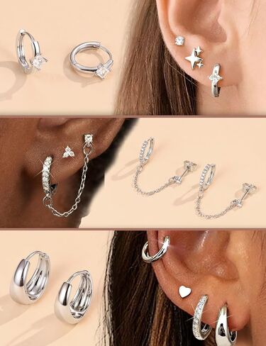 Florideco Flat Back Earrings Hypoallergenic Surgical Steel Earrings for Women Trendy Cartilage Chain Hoop Earring Studs 14K Gold Plated Star Heart CZ Flatback Stud Earring Sets for Multiple Piercing in Saudi Arabia