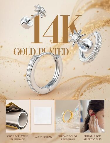 Florideco Flat Back Earrings Hypoallergenic Surgical Steel Earrings for Women Trendy Cartilage Chain Hoop Earring Studs 14K Gold Plated Star Heart CZ Flatback Stud Earring Sets for Multiple Piercing in Saudi Arabia