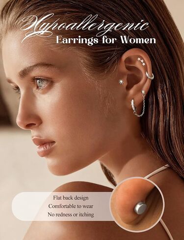 Florideco Flat Back Earrings Hypoallergenic Surgical Steel Earrings for Women Trendy Cartilage Chain Hoop Earring Studs 14K Gold Plated Star Heart CZ Flatback Stud Earring Sets for Multiple Piercing in Saudi Arabia