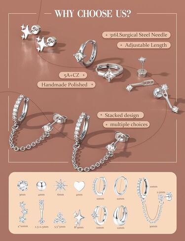 Florideco Flat Back Earrings Hypoallergenic Surgical Steel Earrings for Women Trendy Cartilage Chain Hoop Earring Studs 14K Gold Plated Star Heart CZ Flatback Stud Earring Sets for Multiple Piercing in Saudi Arabia