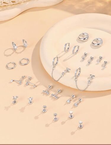 Florideco Flat Back Earrings Hypoallergenic Surgical Steel Earrings for Women Trendy Cartilage Chain Hoop Earring Studs 14K Gold Plated Star Heart CZ Flatback Stud Earring Sets for Multiple Piercing in Saudi Arabia