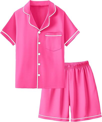 Mikrdoo Girls Pajamas Set Soft Silk Satin Pajamas 2 Piece Short Sleeve Sleepwear Gifts for Kids Size 3-14 Years in Kuwait