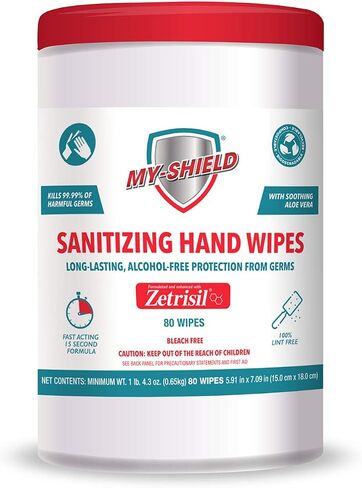 Sanitizing Hand Wipes - 80 Count (2-pack) Alcohol-Free, Long-lasting Protection. Kills 99.9% of Germs. Moisturizes With Aloe Vera. Formulated with Zetrisil. FDA Registered in Kuwait