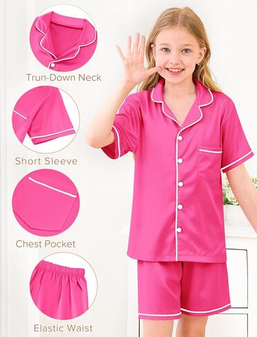 Mikrdoo Girls Pajamas Set Soft Silk Satin Pajamas 2 Piece Short Sleeve Sleepwear Gifts for Kids Size 3-14 Years in Kuwait