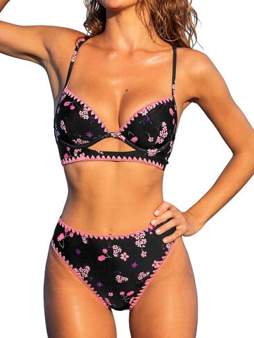 CUPSHE Women's Bikini Sets High Waisted Two Piece Swimsuit W Wire Underwire Push Up Bathing Suit Cutout Back Lace Up in Saudi Arabia