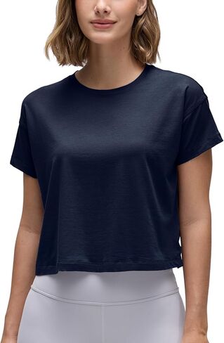 CRZ YOGA Women's Pima Cotton Workout Short Sleeve Shirts Loose Crop Tops Athletic Gym Shirt Casual Cropped T-Shirt Navy Small in Saudi Arabia