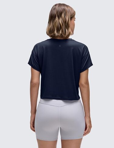 CRZ YOGA Women's Pima Cotton Workout Short Sleeve Shirts Loose Crop Tops Athletic Gym Shirt Casual Cropped T-Shirt Navy Small in Saudi Arabia